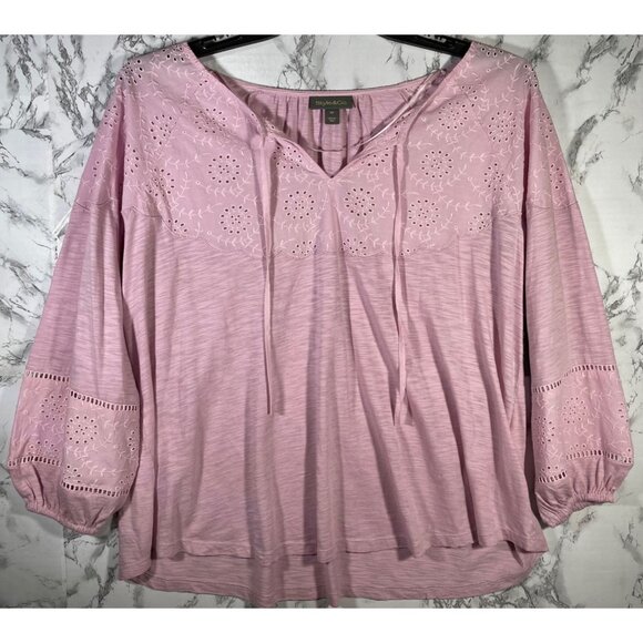 Style & Co Womens Pink Eyelet Embroidered Peasant Blouse 3/4 Sleeve Size 0X - Picture 1 of 8